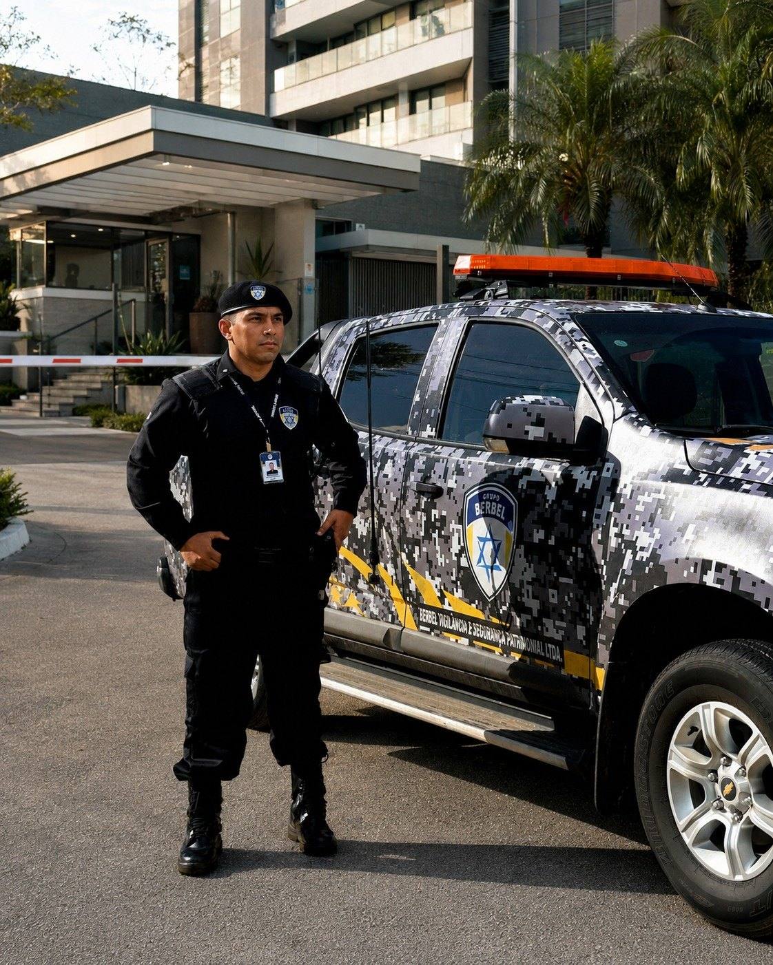 Vigilante do Grupo Berbel ao lado de viatura identificada na entrada de um condomínio