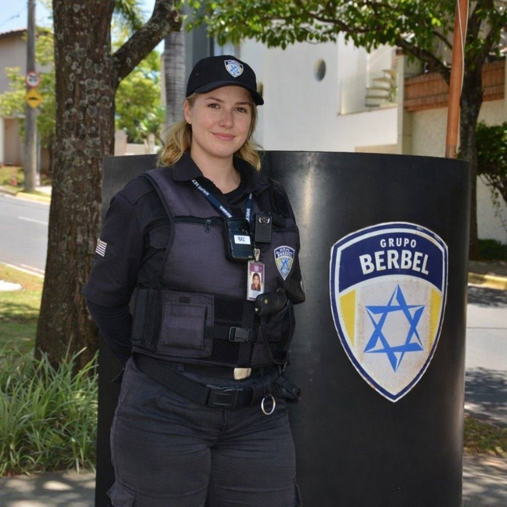 Vigilante mulher do Grupo Berbel ao lado do totem com o escudo da empresa